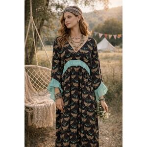 UNIQUE VINTAGE Boho Maxi Dress 1X Hippie Bell Sleeve Fairycore Moth Butterfly